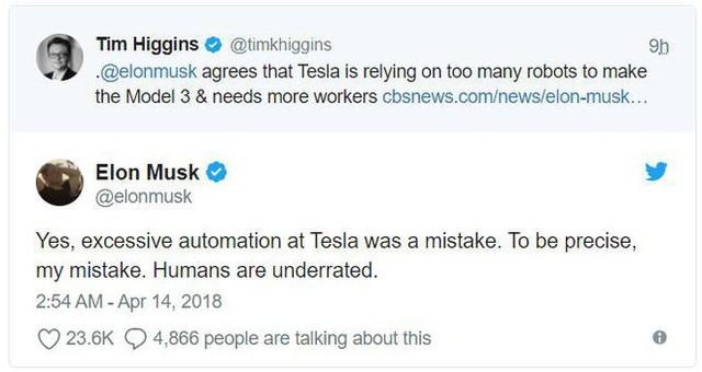 Elon Musk tuyên bố con người bị đánh giá thấp, Tesla sai lầm khi quá tin tưởng vào máy móc - Ảnh 1. Elon Musk tuyên bố con người bị đánh giá thấp, Tesla sai lầm khi quá tin tưởng vào máy móc - Ảnh 1.