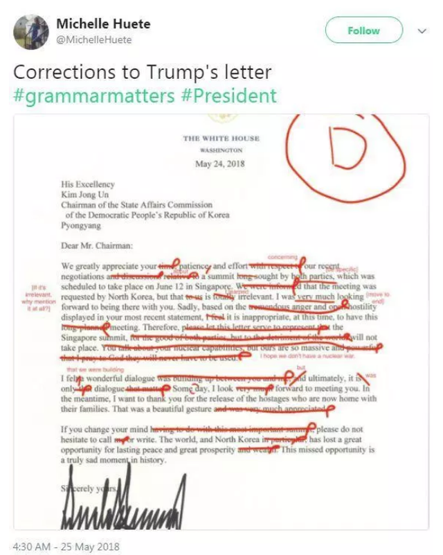 Bức thư gửi ông Kim Jong Un sai chi chít lỗi ngữ pháp bị chấm điểm F của Tổng thống Trump - Ảnh 3.