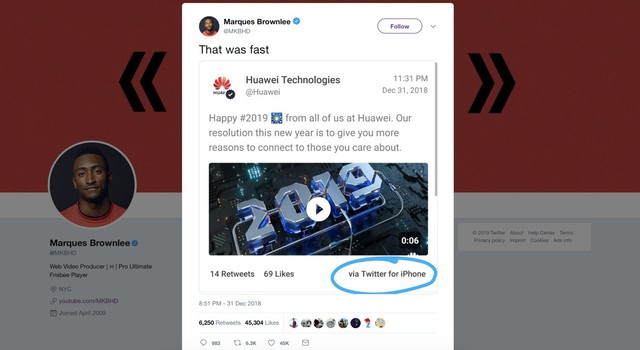 ‘Lỡ tay’ đăng dòng chúc mừng năm mới trên Twitter của Huawei bằng iPhone, 2 nhân viên bị hãng cách chức, trừ lương - Ảnh 1.