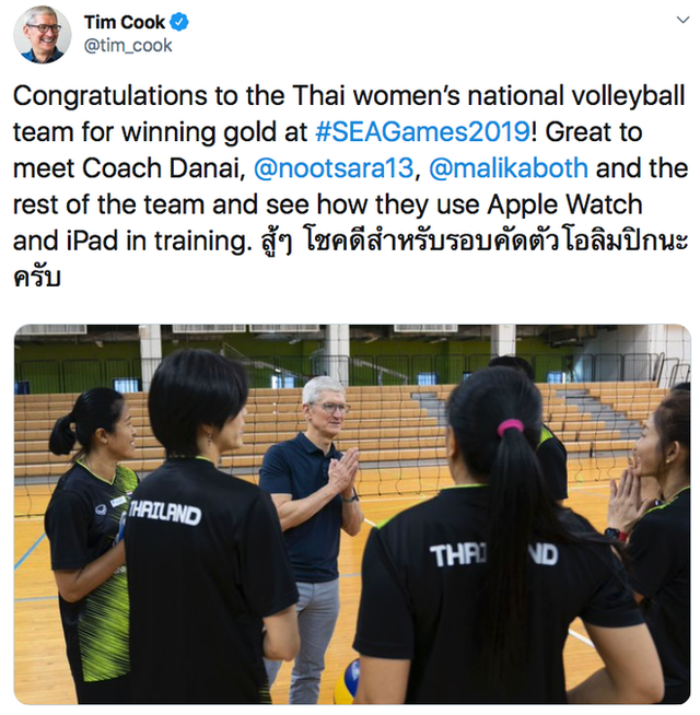 Tim Cook chúc mừng đội tuyển Thái Lan giành HCV SEA Games 30 - Ảnh 1.