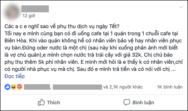 Tranh cãi câu chuyện quán cafe phụ thu 5 nghìn đồng ngày mùng 1 Tết, từ chối bán nước vì khách thắc mắc - Ảnh 1. Tranh cãi câu chuyện quán cafe phụ thu 5 nghìn đồng ngày mùng 1 Tết, từ chối bán nước vì khách thắc mắc - Ảnh 1.