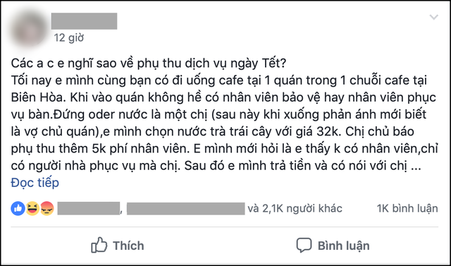 Tranh cãi câu chuyện quán cafe phụ thu 5 nghìn đồng ngày mùng 1 Tết, từ chối bán nước vì khách thắc mắc - Ảnh 1.