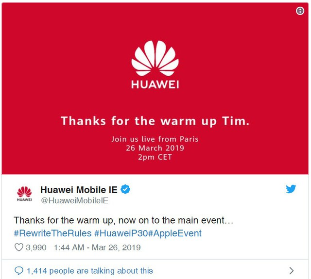 Huawei bất ngờ đăng lời cảm ơn CEO Apple trên Twitter - Ảnh 1.