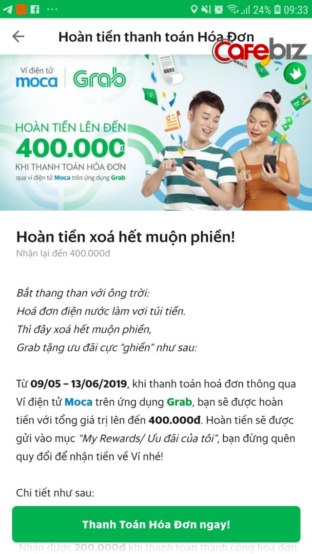 Grab vừa cho Momo thấy như thế nào là mạnh vì gạo, bạo vì tiền: Hóa đơn tiền điện 500.000 đồng, nhưng nộp qua Grabpay by Moca chỉ mất 400.000 đồng - Ảnh 1.