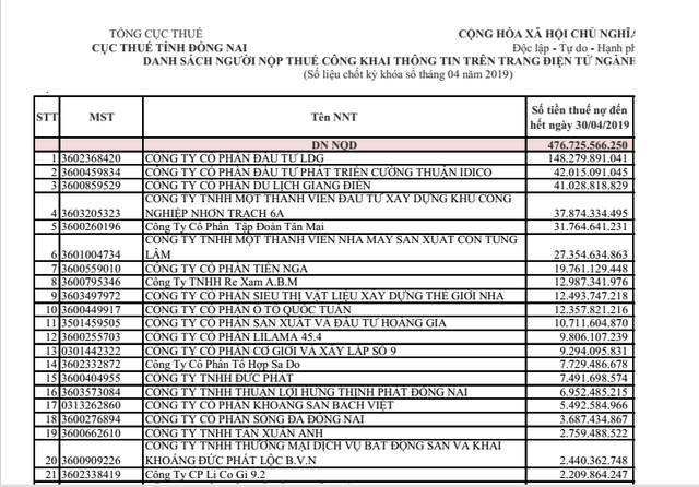 Doanh nghiệp nào đứng đầu danh sách nợ thuế ở Đồng Nai? - Ảnh 1.