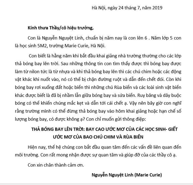 Xúc động bức thư em học sinh lớp 5 gửi tới 40 trường học ở Hà Nội: Mình có thể đừng thả bóng bay vào hôm khai giảng không? - Ảnh 1. Xúc động bức thư em học sinh lớp 5 gửi tới 40 trường học ở Hà Nội: Mình có thể đừng thả bóng bay vào hôm khai giảng không? - Ảnh 1.