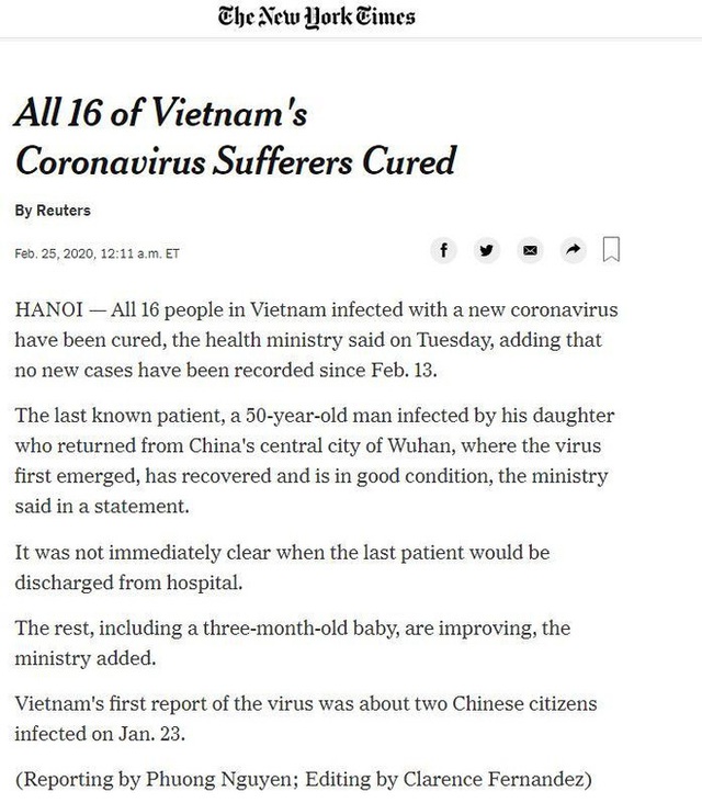  Báo quốc tế đưa tin tất cả 16 người mắc Covid-19 ở Việt Nam được chữa khỏi - Ảnh 1.