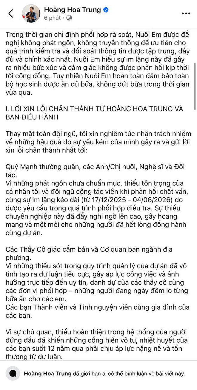 Sau gần nửa năm im lặng, Hoàng Hoa Trung lên tiếng xin lỗi về dự án Nuôi em - Ảnh 1.