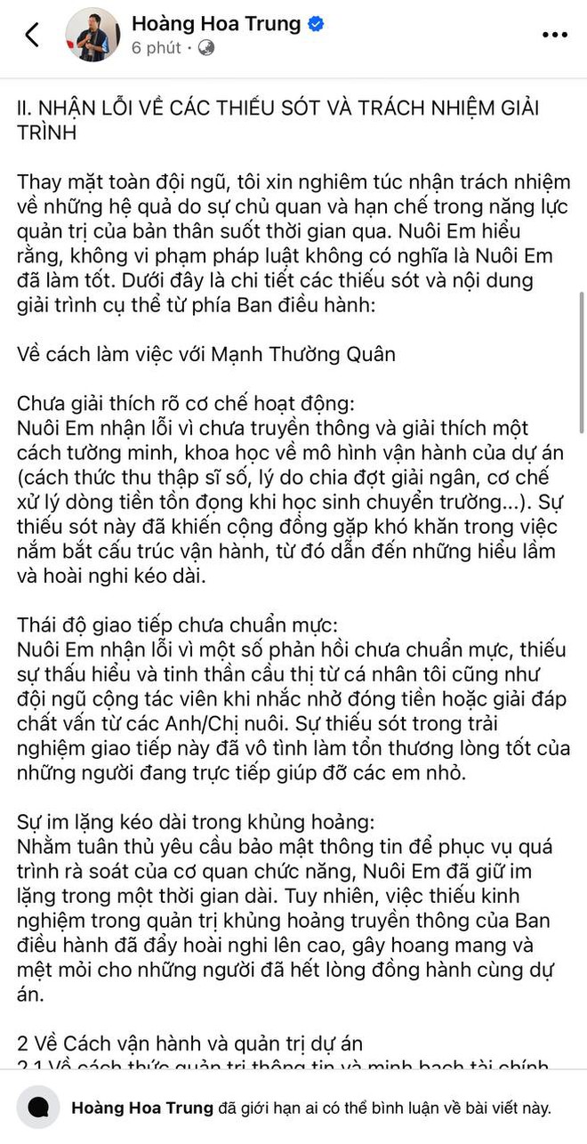 Sau gần nửa năm im lặng, Hoàng Hoa Trung lên tiếng xin lỗi về dự án Nuôi em - Ảnh 2.