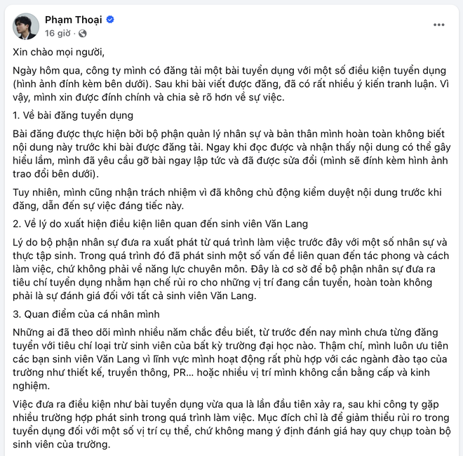 Khi lời xin lỗi vẫn giữ nguyên lý do phân biệt: Bài học quản trị từ vụ tuyển dụng gây bão của team Phạm Thoại - Ảnh 2.