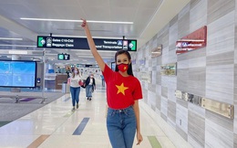 Đỗ Thị Hà diện áo cờ đỏ sao vàng nổi bật ở sân bay Mỹ, chuẩn bị nhập cuộc tại Miss World