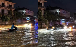 Đường ngập trong đêm ở Viêng Chăn, một số khu vực mất điện sau mưa dông