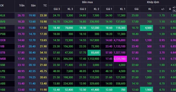 Sáng 21/8, cổ phiếu ngân hàng tăng ồ ạt: Hàng loạt mã trần tím, VPB và TCB tiếp tục hút tiền, nhiều cổ phiếu tăng hơn 10% từ đầu tuần